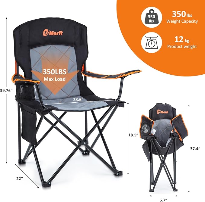 EMERIT 2 Pack Oversized Padded Camping Chair, 350LB Heavy Duty Quad Fold Chair with Arms, Collapsible Outdoor Chairs with Lumbar Back & Cup Holder