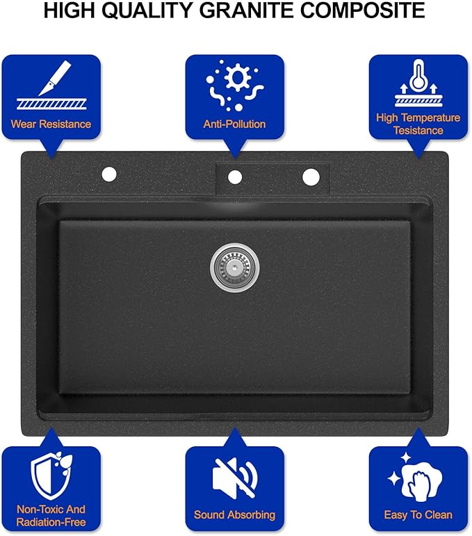 Dcolora Waterfall Smart Kitchen Sink 33x22 Drop In Single Bowl Multifunctional Kitchen Sinks With Faucet And Cup Washer,33 Inch Granite Composite (Black) DC-SFDOE00002