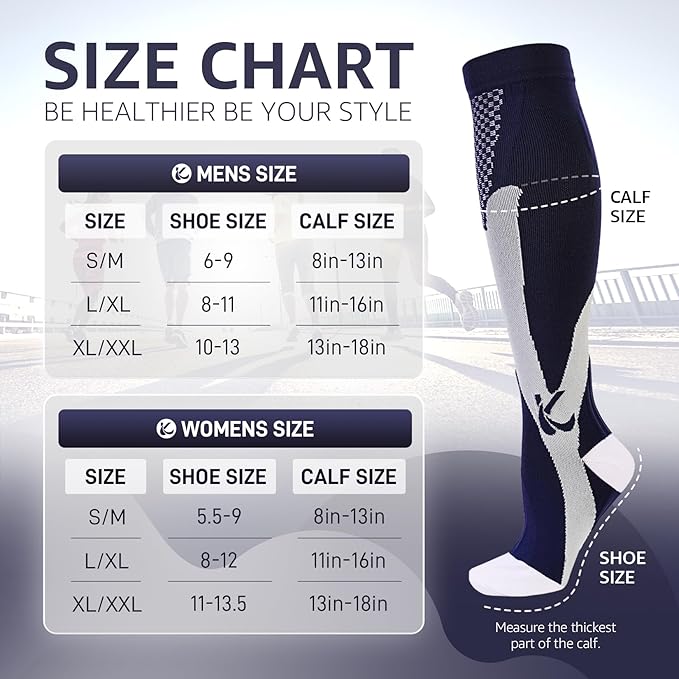 Kickticks 4 Pairs Compression Socks for Woman & Man Unisex 20-30mmHg Knee high Plus Size Wide Calves for Flying Running…