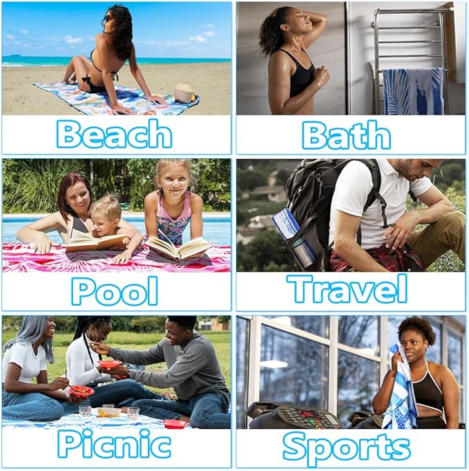 4 Pack Microfiber Lightweight Beach Towel Sand Free Quick Dry Absorbent Thin Compact Towels for Swimming Pool Camping Beach Accessories Large Easy Pack Travel Things for Vacation Essentials Gift