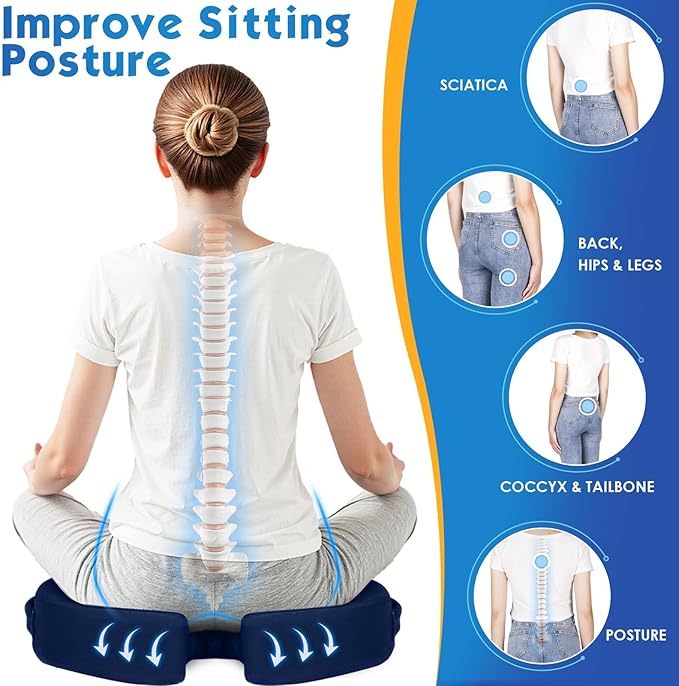 TushGuard Seat Cushion for Office Chair Memory Foam Non-Slip Cushion Back, Coccyx, Sciatica, Tailbone Pain Relief Butt Pillow for Office Chair, Car, Wheelchair, Blue, XX-Large