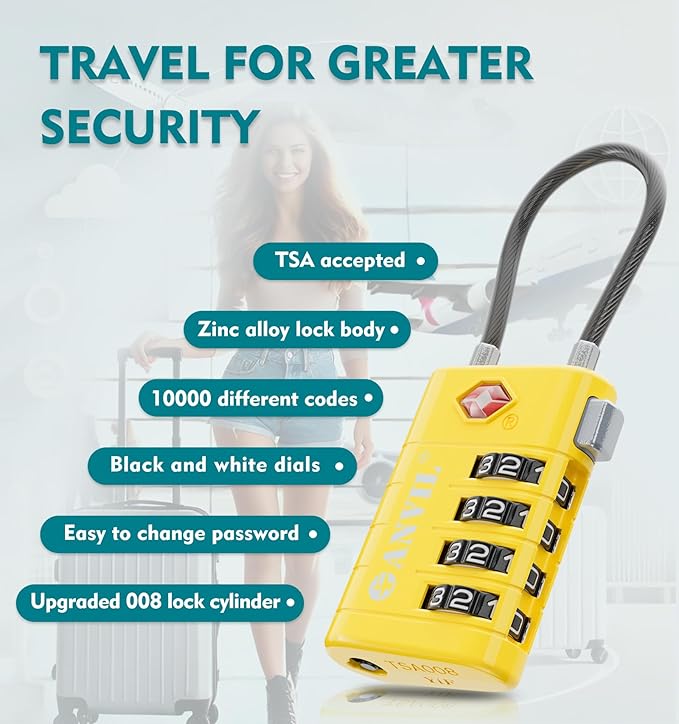 ANVIL 4 Digit Luggage Locks, TSA Locks for Luggage, Advanced TSA008 core, Alert Indicator for Your Travel Lock, Suitcase Lock.(2, Yellow)