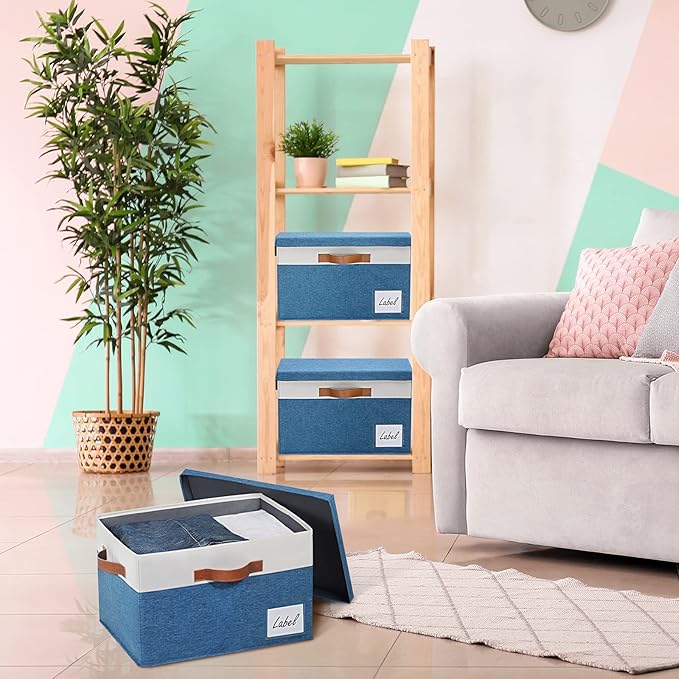 GhvyenntteS Fabric Storage Bins with Lids (3 Pack), Large Closet Storage Baskets with Lid and 3 PU Handles, Foldable Fabric Storage Boxes with Label Window for Home Office (Blue, 15" x 11" x 9.7")
