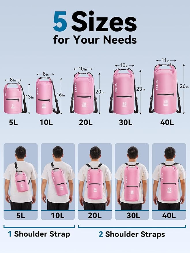HEETA Waterproof Dry Bag with Front Zippered Pocket for Women Men, 5L/10L/20L/30L/40L Roll Top Lightweight Dry Storage Bag Backpack for Travel, Kayaking, Boating, Rafting, Camping, Hiking & Beach