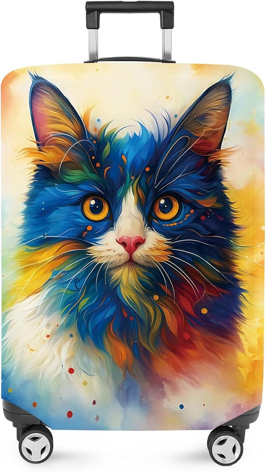 ANNA QUEEN Colorful Cat Luggage Cover, Artistic Blue Cat Design with Rainbow Colors, Stretchable, Washable Travel Sleeve for 28-30 Inch Suitcases