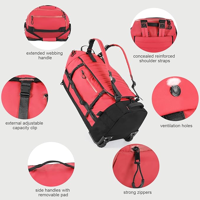 Rolling Duffle Bag with Wheels,86L 30”Folding Duffle Backpack with 2 Wheels,Travel Bag with Separate Shoe Compartment,Red