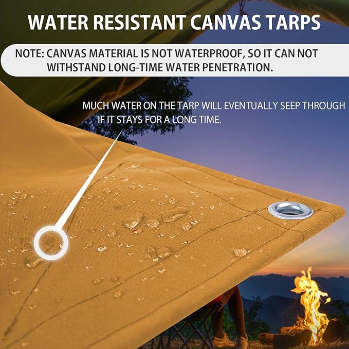 FoundGo 20x20ft Canvas Tarp 22 Mil Tarps 14 oz Canvas Tarpaulin Heavy Duty Cloth Water/UV Resistant Cover with Rustproof Grommets & Ropes for Cars,Roofs,Boats,Camps,Sunshades，Moisture Barrier -Tan