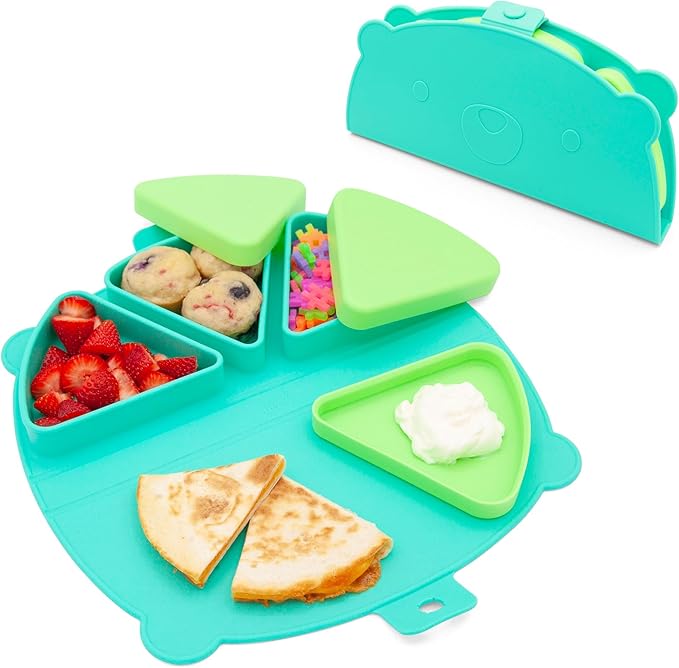 On-The-Go Snack Mat – Baby Silicone Travel Dining Placemat – Portable Silicone Toddler Plate – Reusable Snack Container with 3 Compartments and Lids for 6 Months + (Aqua)