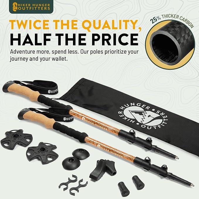 100% Carbon Fiber Trekking Poles by USA Brand - Ultra Strong Lightweight Collapsible Hiking Poles with Cork and EVA Foam Grips & Quick Adjustable Flip Locks