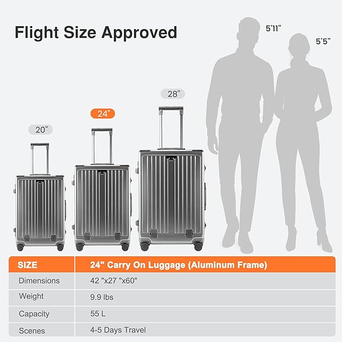 24 Inch Check-In Luggage Aluminum Frame Zipperless Luggage, Hard Shell Suitcase TSA Approved Checked Luggage, ABS+PC Lightweight Zipperless Suitcase with Spinner Wheels (Grey)