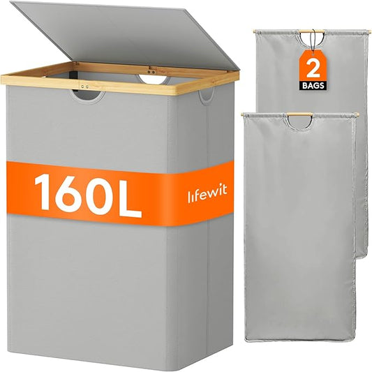 Lifewit 160L Double Laundry Hamper with Lid, Extra Large Bamboo Laundry Basket Dirty Clothes Hamper, 2 Section Laundry Bin Organizer for Laundry Room Bedroom with 2 Removable Liners & Bags,Silver Grey
