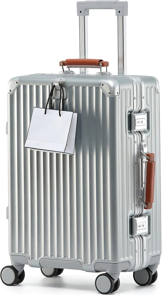 HotWay 20 Inch Carry On Luggage with Leather Handle, PC Zipperless Suitcase with Spinner Wheels and TSA Locks, 22x14x9 Airline Approved Luggage for Travel, Silver