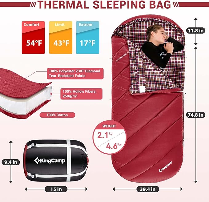 KingCamp Sleeping Bag for Adults, Cold Weather & Warm Extra Wide Big & Tall XL Portable Waterproof Flannel Sleeping Bags, Essentials Gear Accessories for Camping Backpacking Hiking Indoor & Outdoor