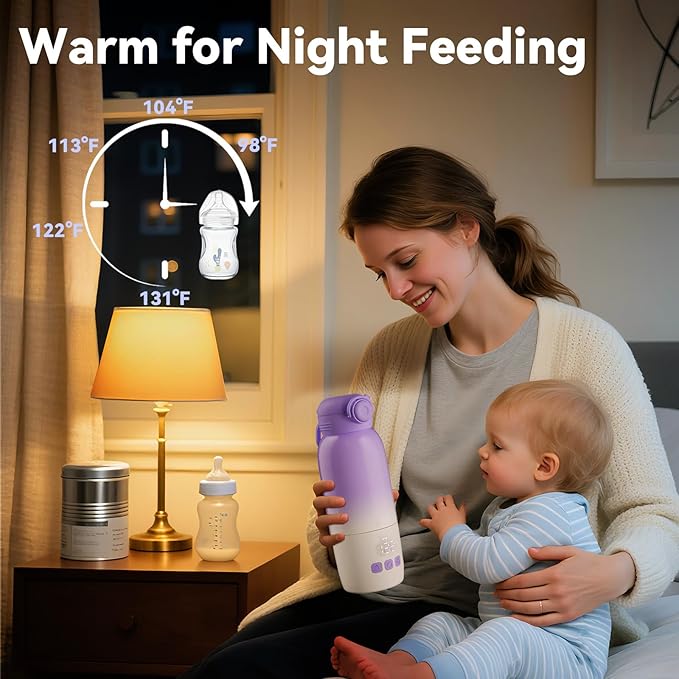 Portable Bottle Warmer for Travel, Large 12oz Capacity with Dual Heating Modes for Breast Milk & Water, Smart Temperature Control, Baby Bottle Warmer for Travel, Gifts for New Mom, Purple