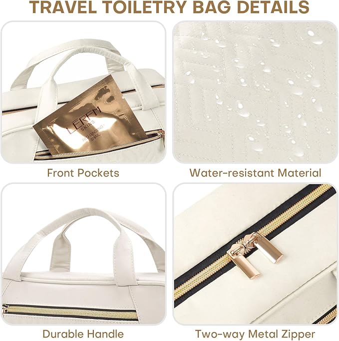 Hanging Toiletry Bag for Women Travel, 2 Sizes Large & Small Waterproof Cosmetic Organizer with 4 Compartments, Rotating Hook, Foldable Pink Travel Bag for Toiletries & Makeup - Medium Beige