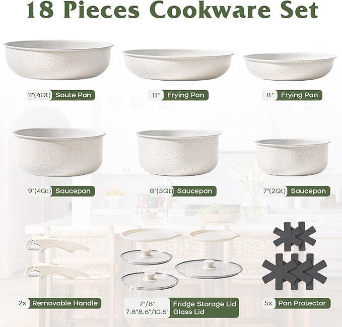18 Pcs Pots and Pans Set Non Stick, Cookware Sets with Detachable Handle, Nonstick RV Kitchen Cooking Tools Removable Handles, Oven Safe, Induction Fast, Stackable Induction Cookware, White
