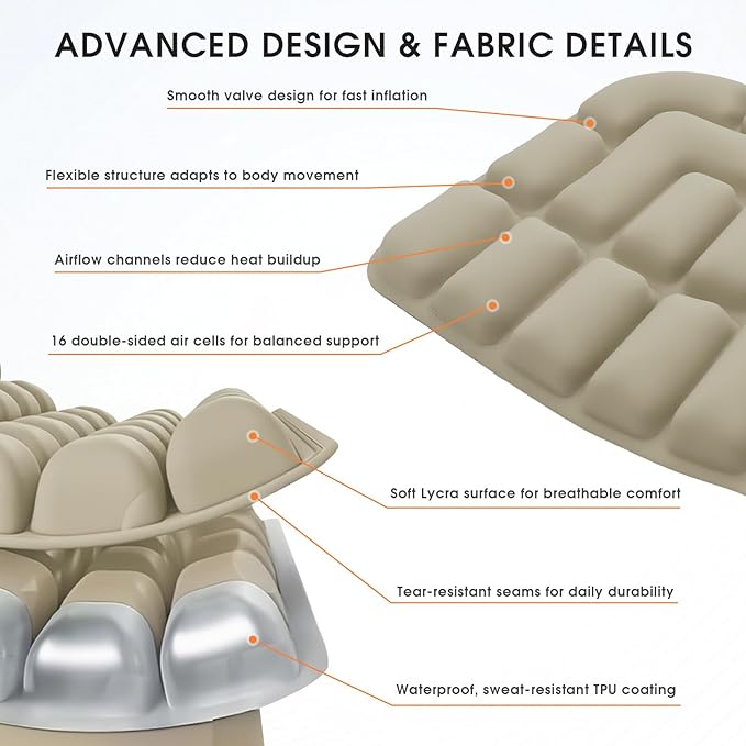 3D Inflatable Seat Cushion for Pressure Relief - Airplane Travel Air Sitting Pad with Storage Bag, Portable Inflatable Seats Cushions for Car Chair Camping Wheelchair Stadium Bleacher, Khaki