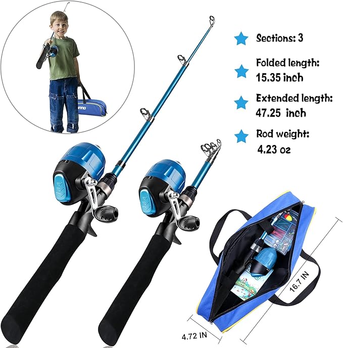 PLUSINNO Kids Fishing Pole with Spincast Reel Telescopic Fishing Rod Combo Full Kits for Boys, Girls, and Adults