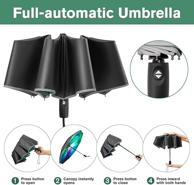 G4Free 42 Inch Eco Windproof Folding Umbrella for Rain & Sun 9 Ribs Wind Resistant Strong Fiberglass Double Canopy with Reflective Strip for Women Men Auto Open Close For Car & Backpack