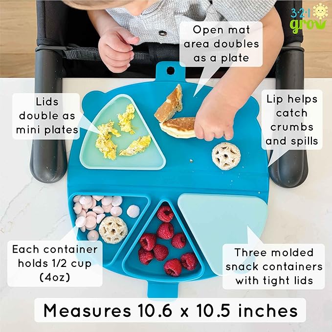On-The-Go Snack Mat – Baby Silicone Travel Dining Placemat – Portable Silicone Toddler Plate – Reusable Snack Container with 3 Compartments and Lids for 6 Months + (Watermelon)