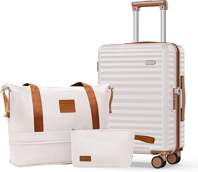 SHOWKOO Carry On Luggage Hardshell Lightweight Luggage Set, Suitcase with Double Spinner Wheels Tsa Lock White 3 piece set Beige White (DB/TB/20in)