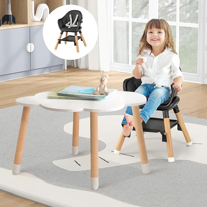 HONEY JOY Baby High Chair, 6 In 1 Convertible Wooden Highchair for Babies and Toddlers/Toddler Chair/Bar Stool, Removable Double Tray & Reversible Footrest, Safety Harness for Infant Boys Girls(Black)