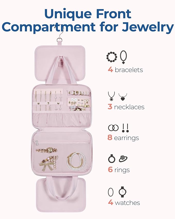 BAGSMART Travel Toiletry Bag with Jewelry Organizer, Hanging Travel Bag for Toiletries, Puffy Makeup Cosmetic Bag Organizer, Carry-on Travel Accessories Essentials, Pink-M