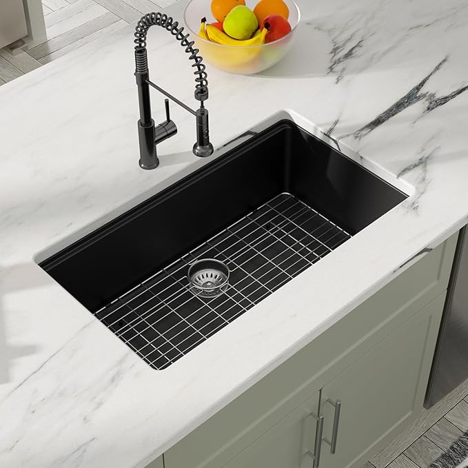 Dcolora 33 inches Granite Composite Kitchen Sink Workstation Black Undermount Single Bowl Large Kitchen Sink 33"W x 19"D x 10"H, DC-GU7743