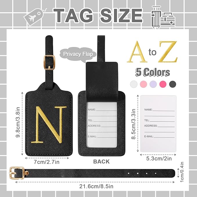 Personalized Initial Luggage Tags for Suitcase TSA Approved, Black Leather Cute Luggage Tag with Privacy Cover Name Card, Embroidered Custom Luggage Tags Travel Backpack Tags Gifts for Women Kids(N)