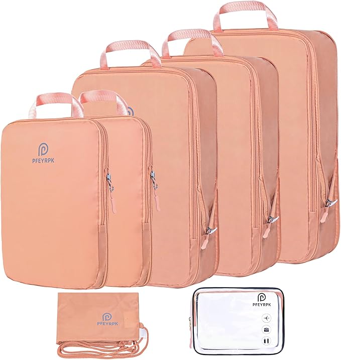 Lightweight Compression Packing Cubes for Suitcases, Compressible Expandable Travel Packing Organizer with Clear Toiletries and Backpack Bag, Travel Essentials for Carry on Luggage 7 Set
