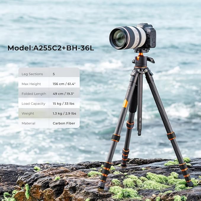 K&F Concept 62" Carbon Fiber Camera Tripod,Portable Compact Tripods with Detachable Monopod,360° Metal Ball Head 33lbs Load Capacity with Quick Release Plate for Travel and Work A255C2+BH-35L