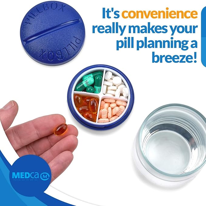 Pill Box Round for Travel - Mini Compact Portable 4 Compartment Pills Case Organizer, Vitamin and Medication Dispenser Holder for Up to 4 Times A Day, BPA Free Pill Reminder by MEDca