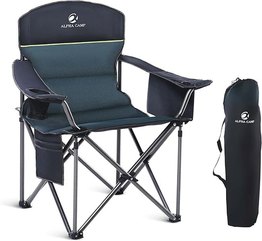 LET'S CAMP Oversized Folding Camping Chair Portable Outdoor Heavy Duty Padded Chairs Lawn Chair with Cup Holder, Storage Pocket and Cooler Bag, Supports 450LBS, for Camp, Travel, Picnic (Green)