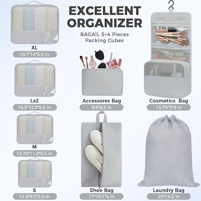 BAGAIL 9 Set Packing Cubes Luggage Packing Organizers for Travel Accessories