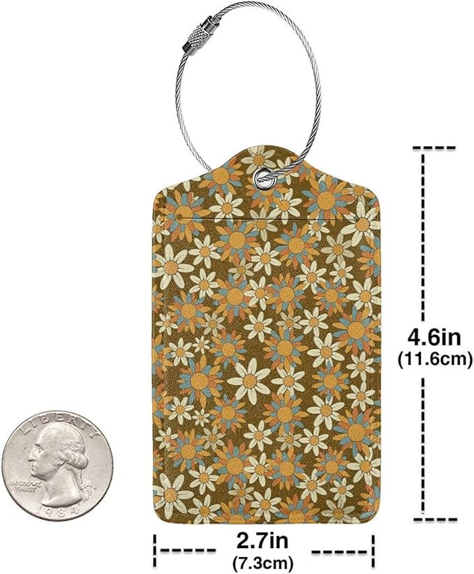 Flowers Leather Luggage Tag with Stainless Steel Ring, Fun Name Id Card Cover Travel Bag Tag Set, Suitable for Travel Bag Luggage Women Men 2 PCS