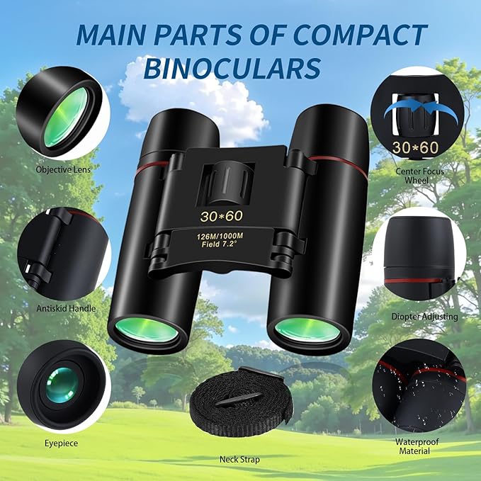 30x60 Binoculars for Adults and Kids,BAK4 Prism Waterproof Lightweight Foldable Easy Focus Small Compact Binoculars for Bird Watching, Hunting,Concerts,Travel,Hiking
