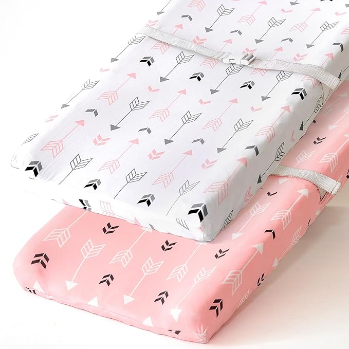 Stretchy Changing Pad Covers BROLEX 2 Pack Jersey Knit Change Pad Covers for Girls Boys,Pink & White Arrow