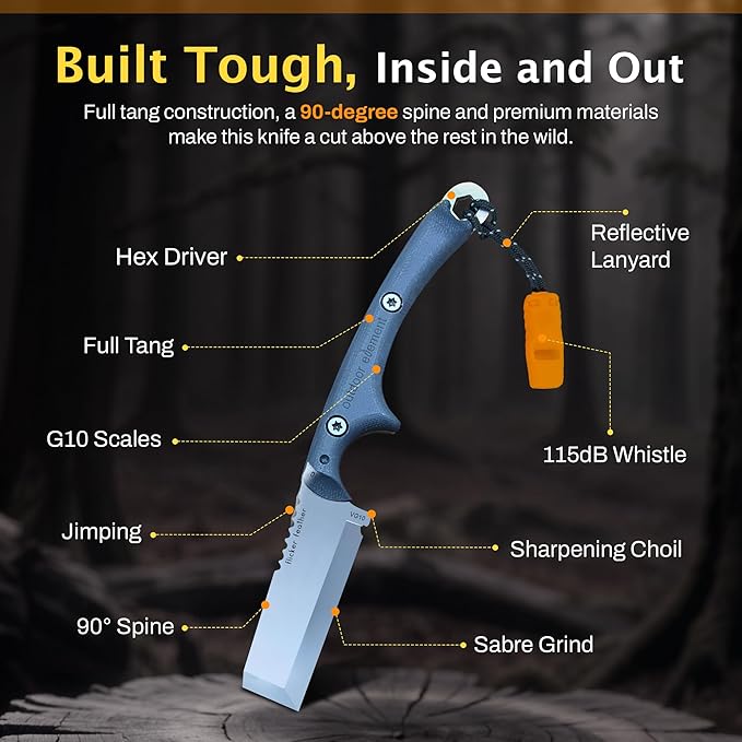 OUTDOOR ELEMENT Flicker Feather Knife - Right-Handed Survival EDC Chisel Blade for Camping, Hunting, Culinary Knives, and Bushcraft - Fixed Blade with Sheath, Firestarter, and Emergency Whistle
