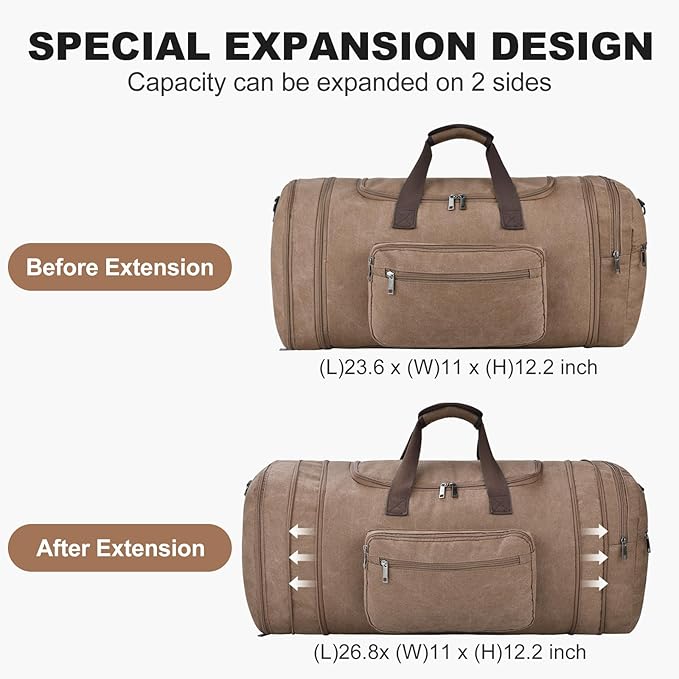 Felipe Varela 60L Duffle Bag for Men, Large Expandable Canvas Duffel Bag for Travel, Mens Carry On Luggage Bag Traveling Weekender Gym Overnight Bags for Airplanes, Coffee