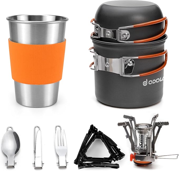 Odoland Camping Cookware Stove Carabiner Canister Stand Tripod and Stainless Steel Cup, Tank Bracket, Fork Spoon Kit for Backpacking, Outdoor Camping Hiking and Picnic