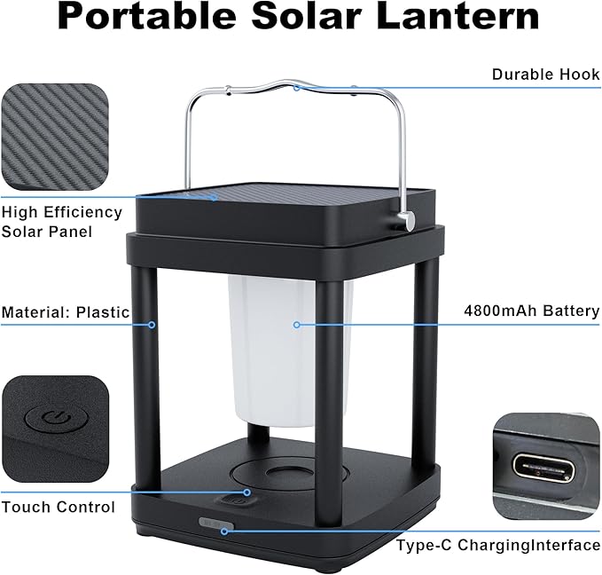 Solar Lantern Outdoor Table Lamp, Touch Control Outdoor Cordless Lantern, Solar Lanterns Waterproof Rechargeable Lanterns for Reading, Walking, Camping