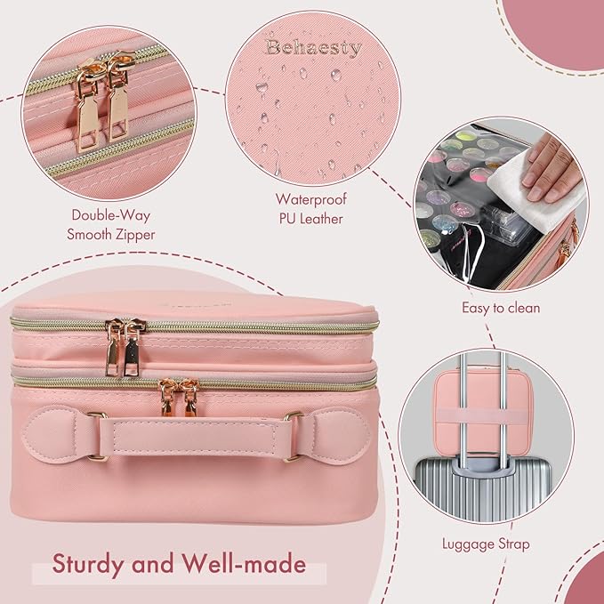 Travel Makeup Bag with LED Mirror Double Layer, Detachable Vanity Mirror with Lights, Tri-light Dimmable, Makeup Case with Adjustable Dividers and Brush Holder Cosmetic Organizer Storage Box