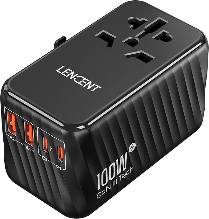 LENCENT Universal Travel Adapter, 100W GaN International Fast Charger with 2 PD3.0 Type C+2 QC USB A, Worldwide Power Adaptor for Phones,Laptops, All in One Travel Essentials for EU/USA/UK/AU, Black