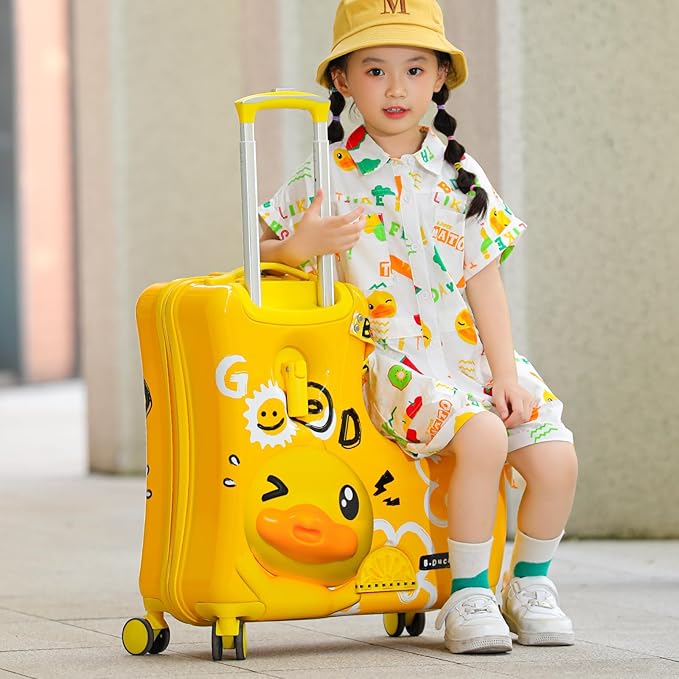 Kids' Lightweight Ride on Luggage with Spinner Wheels & Foldabe Design (Yellow Good, 24"+ Aged 3-12 Toddler)