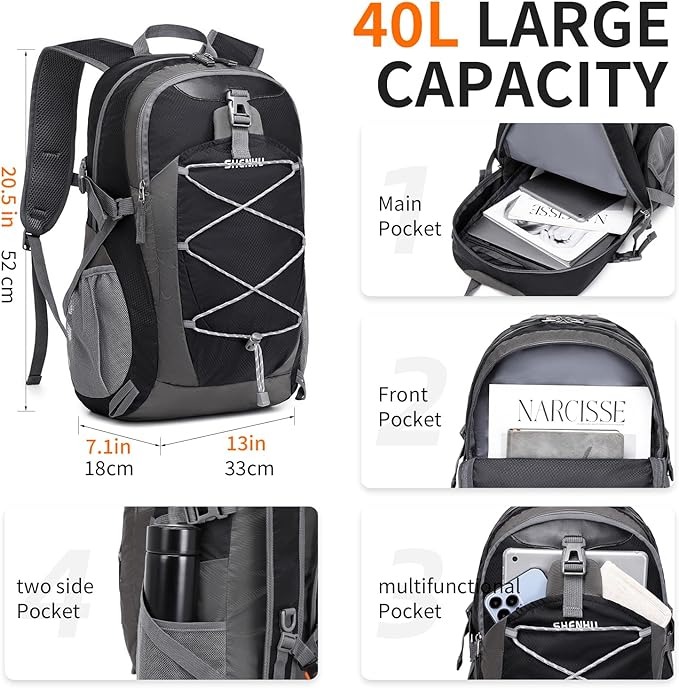 40L Hiking Backpack Lightweight Daypack Waterproof Travel Camping Backpack for Men Women Sport Packable