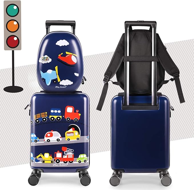 iPlay, iLearn Airplane Kids Luggage, Boys Carry On Suitcase, 18" Hardside Travel Luggage Set W/Backpack, Toddler Rolling Luggage W/ 4 Spinner Wheels, Children Holiday Birthday Gift