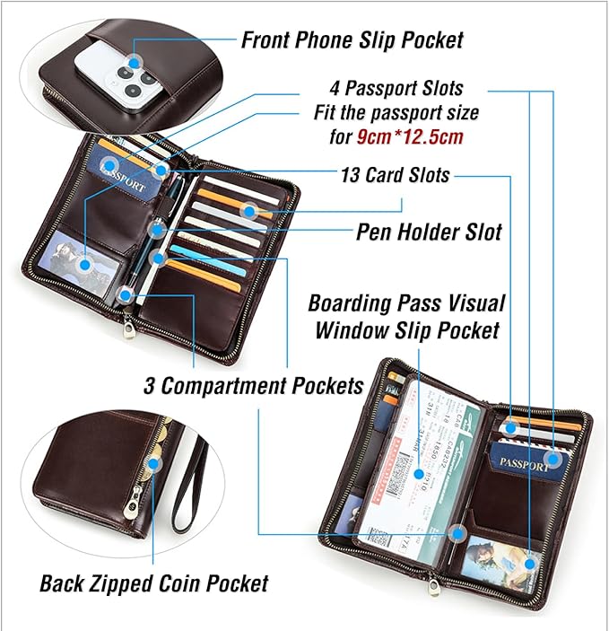 Top Grain Leather Travel Passport Wallet Holder for Man & Woman, Handmade with Three-Layer for 4 Passports & Multi Cards, RFID Blocking Large Capacity for Cards/Passports/Tickets, Burgundy