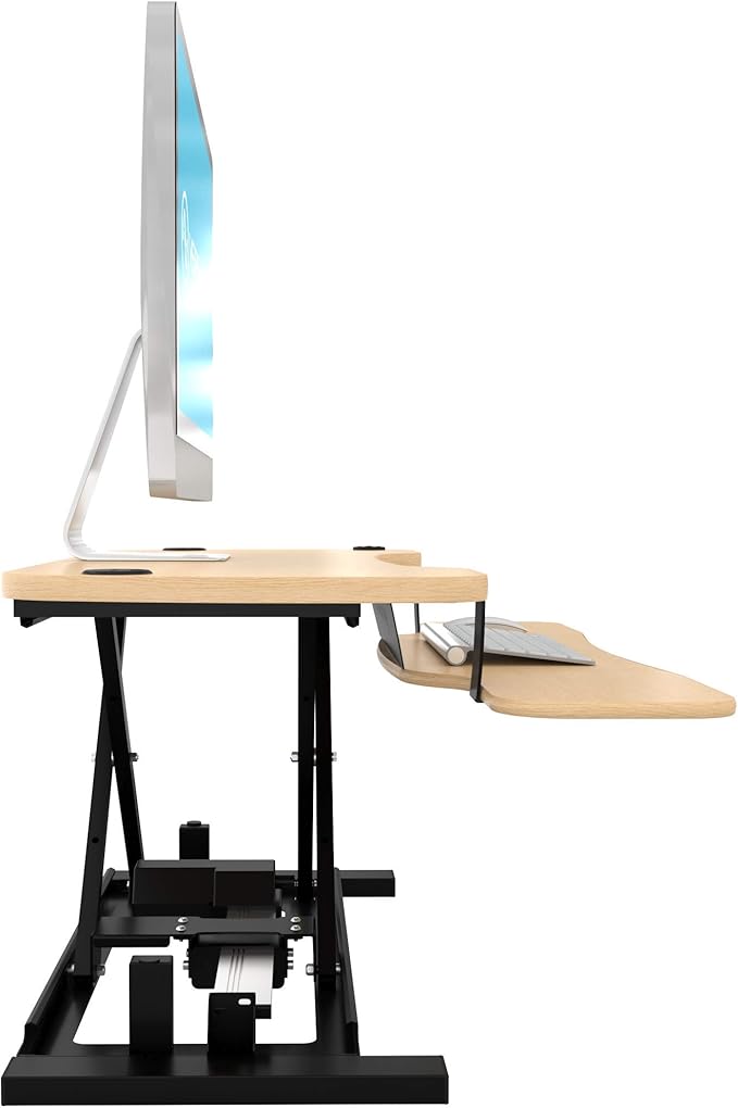 VERSADESK Electric Standing Desk Converter, 36 Inch PowerPro™ Height Adjustable Sit Stand Desktop Riser with Keyboard Tray, Built-in USB Charging Port, Holds 80 lbs, Push-Button Switch, Maple