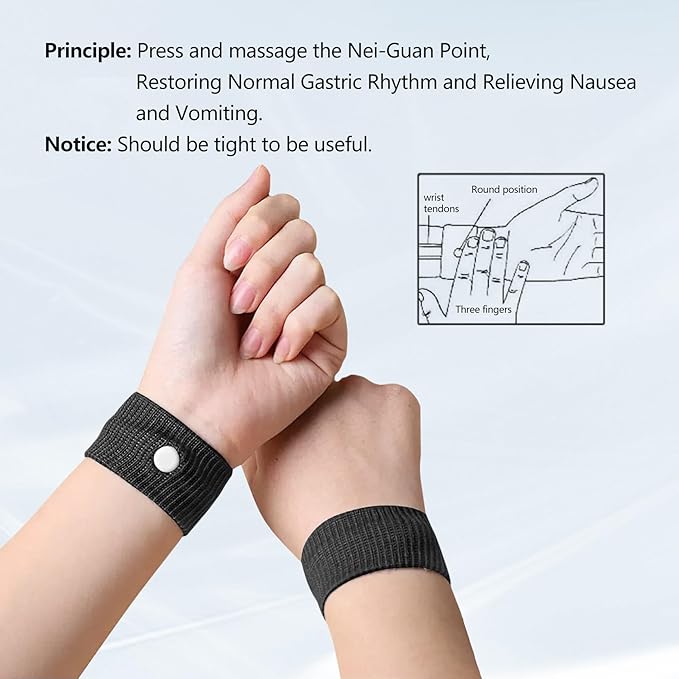 Motion Sickness Wristband, Anti-Nausea Acupressure Wrist Band for Nausea Relief, Dizziness and Vomiting from Car Sea Boat Flying Travel Sickness for Adults and Kids (Black, Large, 2 Pairs)