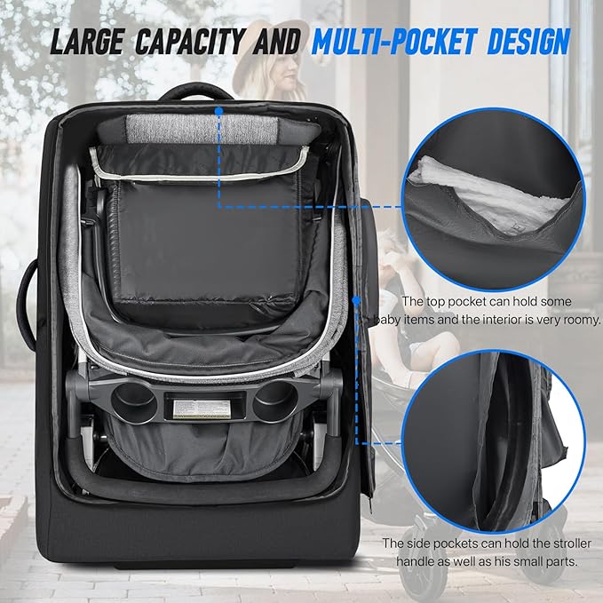 Padded Stroller Travel Bag with Wheels, Compatible with Nuna Mixx Next, UPPAbaby MINU V2 and MINU, Padded Stroller Storage Bag for Airplane, Foldable Gate Check Stroller Bag with Dual Handles